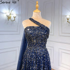 Navy Blue One Shouler Cape Sleeve Evening Dresses Gowns 2025 A-Line Beaded Luxury For Woman Party LA71432