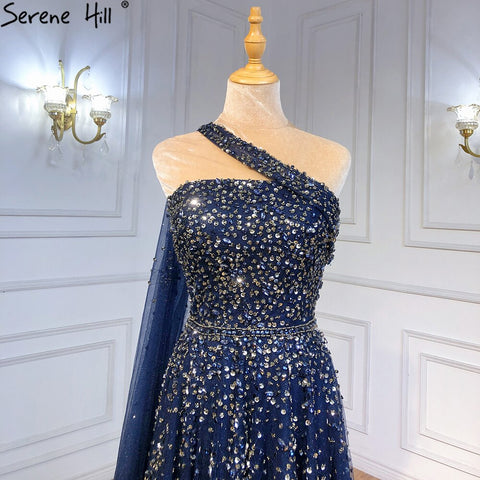 Vestido de noche azul marino de un solo hombro con mangas estilo capa, corte A, con cuentas, de lujo, para mujer, fiesta, LA71432 