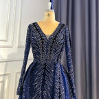 Navy Blue Velvet Muslim Mermaid Elegant Evening Dresses Beaded Long Sleeves With Skirt Not Removable 2025 LA71691