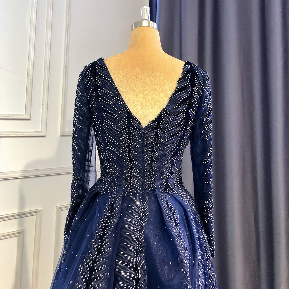 Navy Blue Velvet Muslim Mermaid Elegant Evening Dresses Beaded Long Sleeves With Skirt Not Removable 2025 LA71691