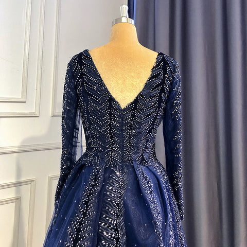 Elegante vestido de noche musulmán de terciopelo azul marino, corte sirena, con cuentas, mangas largas y falda no desmontable (2025 LA71691) 