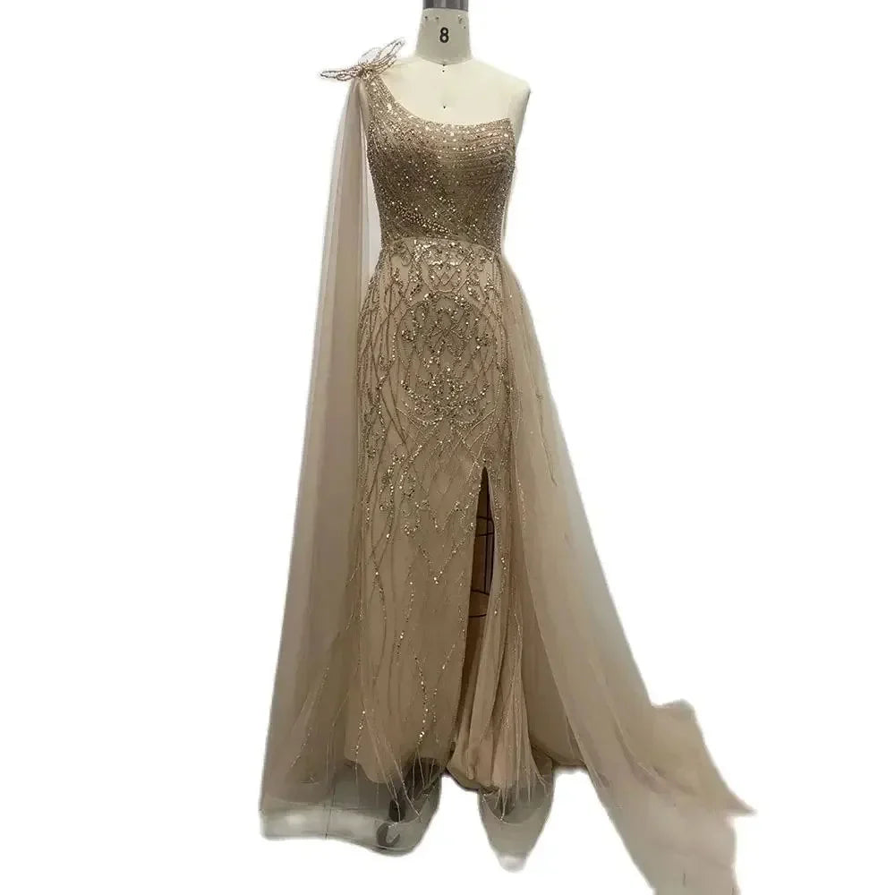 Nude Arabic Evening Dress Side Train One Shoulder Mermaid for Women's Formal Prom Wedding Party Gowns 2025 LA72442
