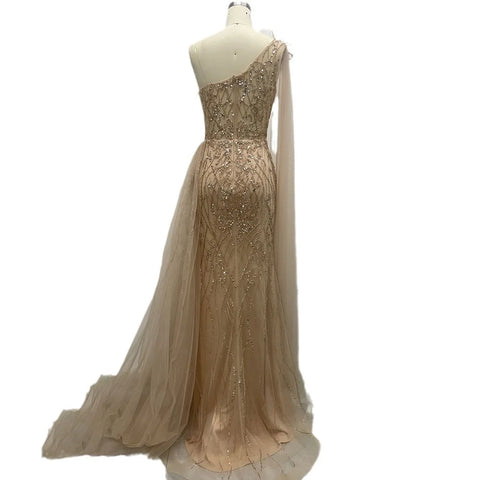 Vestido de noche árabe color piel, con cola lateral y un hombro, corte sirena, para mujer, para fiesta formal de graduación, boda, 2025 LA72442 