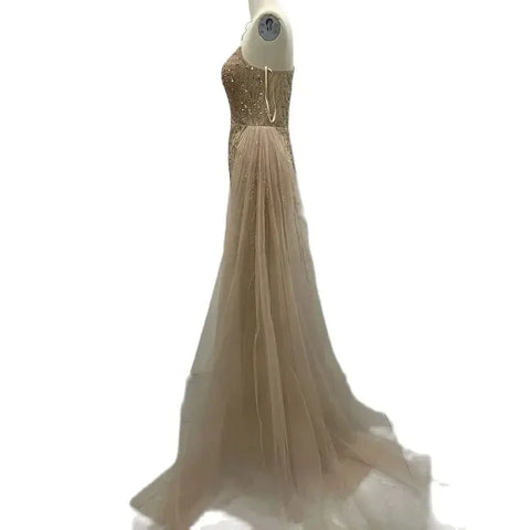 Vestido de noche árabe color piel, con cola lateral y un hombro, corte sirena, para mujer, para fiesta formal de graduación, boda, 2025 LA72442 