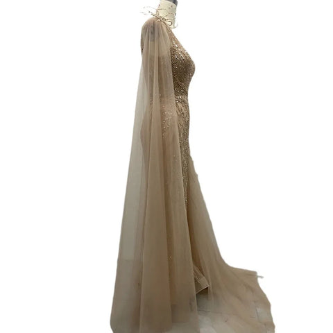 Vestido de noche árabe color piel, con cola lateral y un hombro, corte sirena, para mujer, para fiesta formal de graduación, boda, 2025 LA72442 