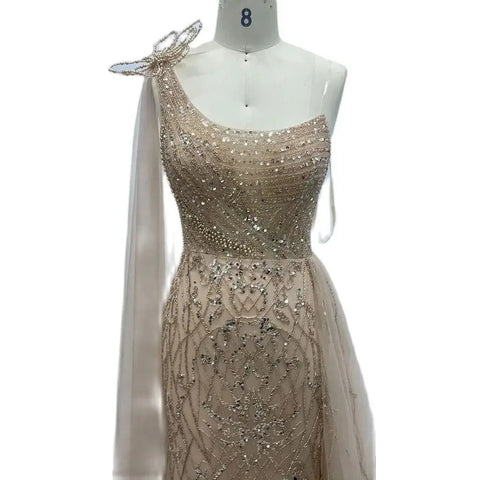 Vestido de noche árabe color piel, con cola lateral y un hombro, corte sirena, para mujer, para fiesta formal de graduación, boda, 2025 LA72442 