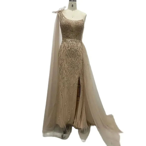 Vestido de noche árabe color piel, con cola lateral y un hombro, corte sirena, para mujer, para fiesta formal de graduación, boda, 2025 LA72442 