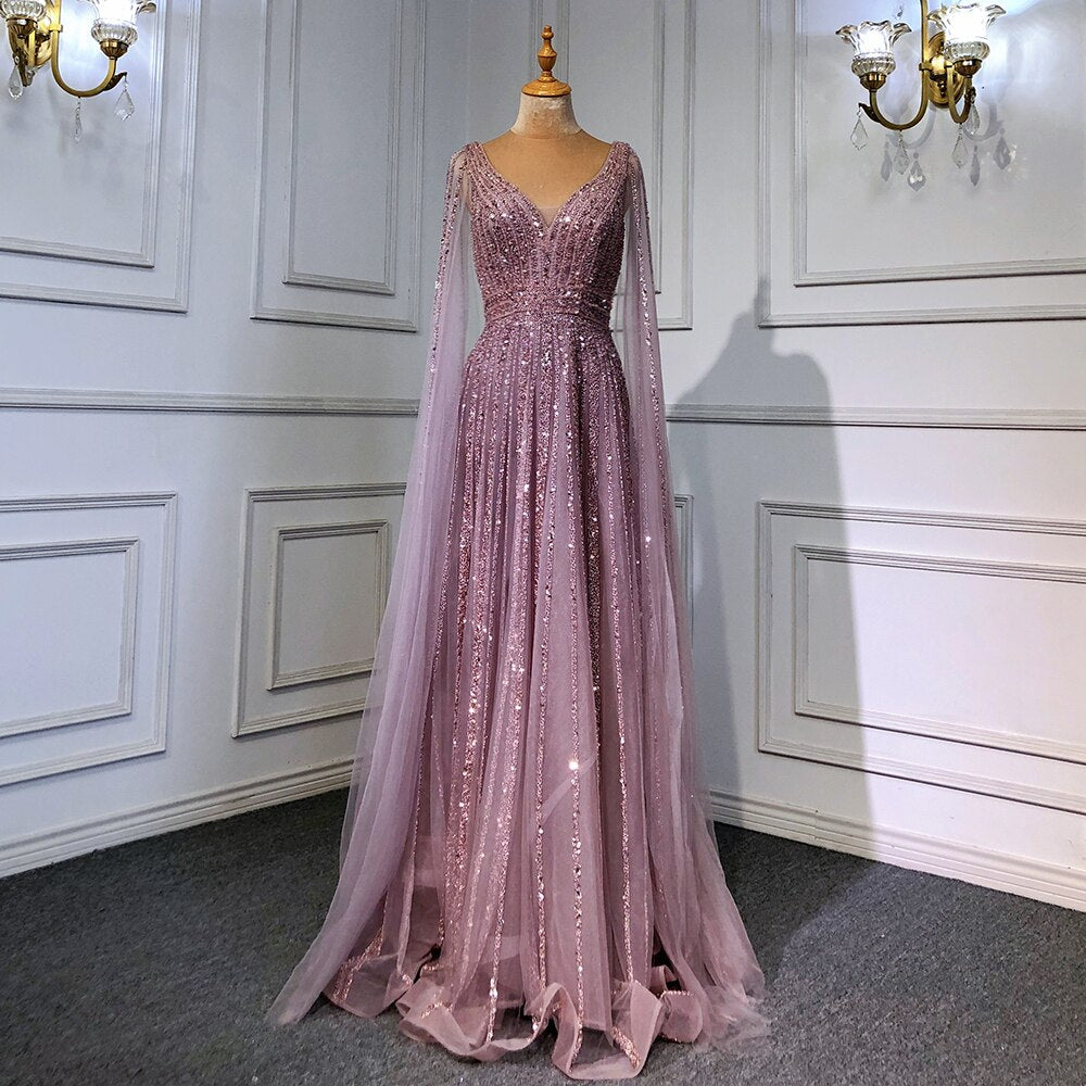 Luxury Nude Dubai Evening Dress with Cape Sleeves LA71567