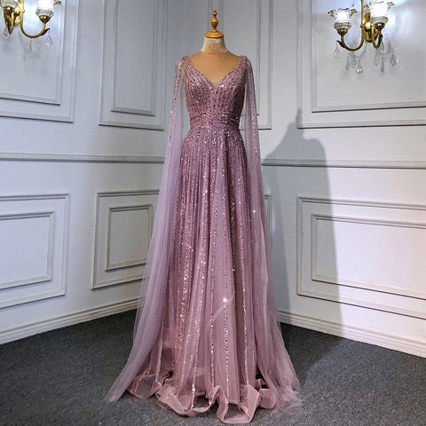 Luxury Nude Dubai Evening Dress with Cape Sleeves LA71567