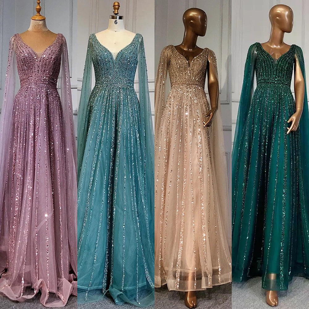 Luxury Nude Dubai Evening Dress with Cape Sleeves LA71567
