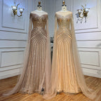 Nude Arabic Mermaid Cape Sleeves O-neck Beaded Evening Dresses Luxury Gowns 2025 For Women Wedding Party LA72012