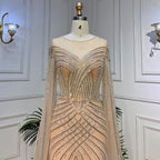 Nude Arabic Mermaid Cape Sleeves O-neck Beaded Evening Dresses Luxury Gowns 2025 For Women Wedding Party LA72012