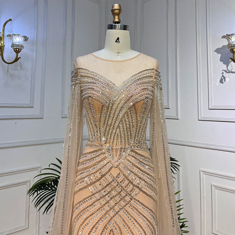 Vestidos de noche de lujo estilo sirena árabe color piel, mangas largas, cuello redondo y cuentas, para mujer, fiesta de bodas, LA72012 