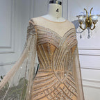 Nude Arabic Mermaid Cape Sleeves O-neck Beaded Evening Dresses Luxury Gowns 2025 For Women Wedding Party LA72012