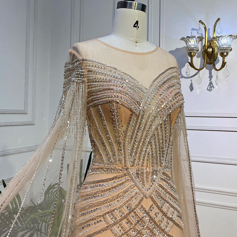 Vestidos de noche de lujo estilo sirena árabe color piel, mangas largas, cuello redondo y cuentas, para mujer, fiesta de bodas, LA72012 