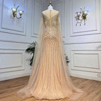 Nude Arabic Mermaid Cape Sleeves O-neck Beaded Evening Dresses Luxury Gowns 2025 For Women Wedding Party LA72012