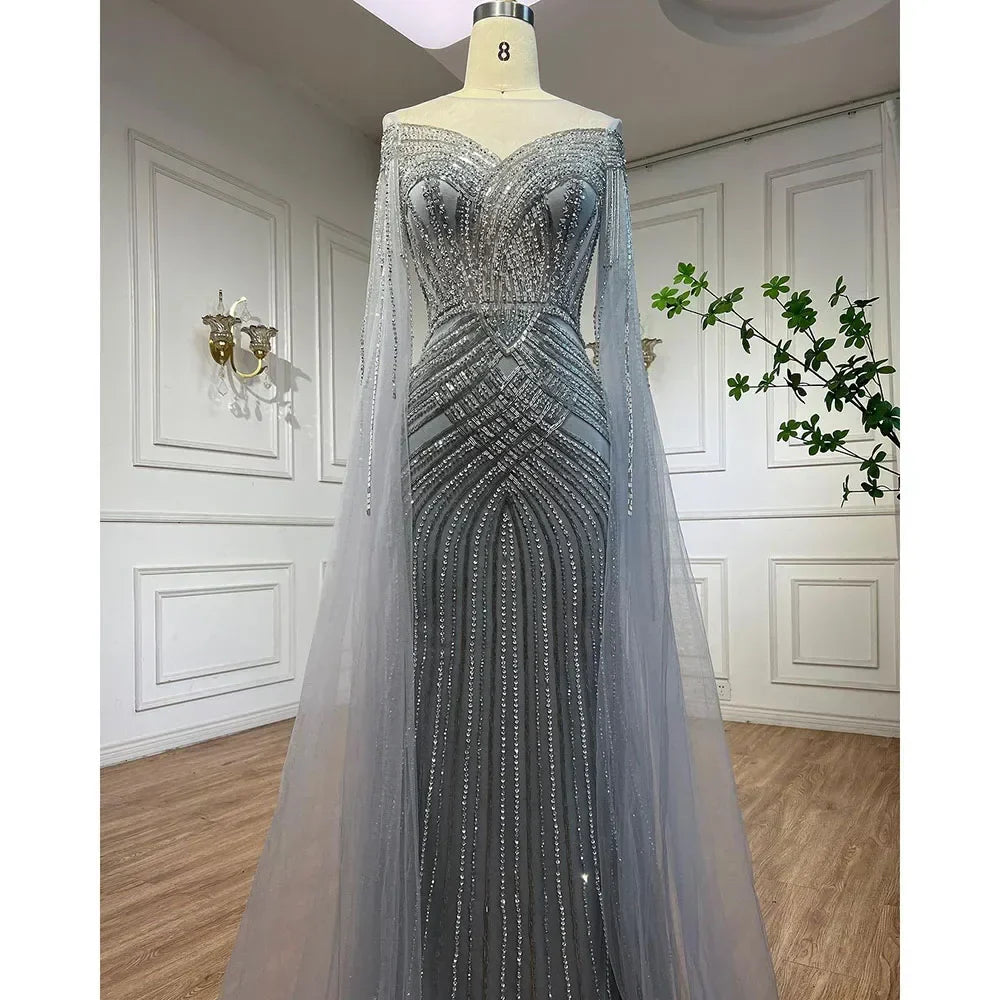 Nude Arabic Mermaid Cape Sleeves O-neck Beaded Evening Dresses Luxury Gowns 2025 For Women Wedding Party LA72012