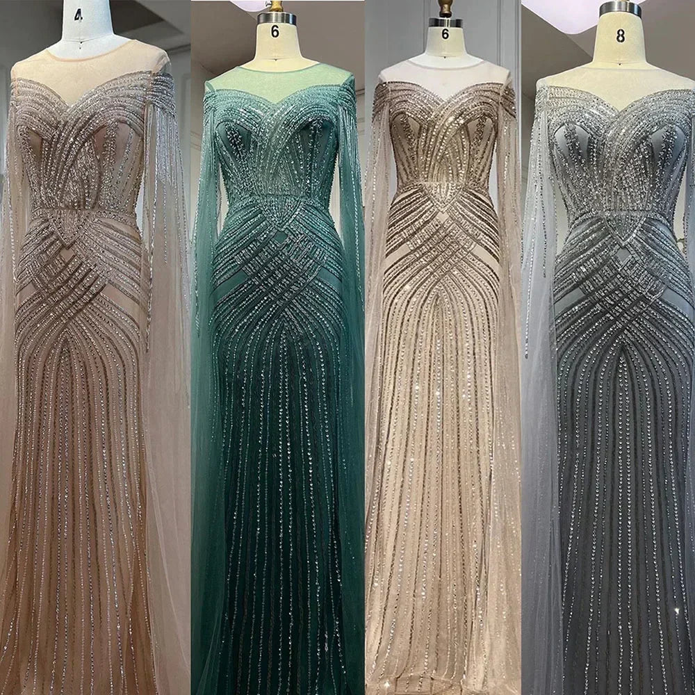 Nude Arabic Mermaid Cape Sleeves O-neck Beaded Evening Dresses Luxury Gowns 2025 For Women Wedding Party LA72012