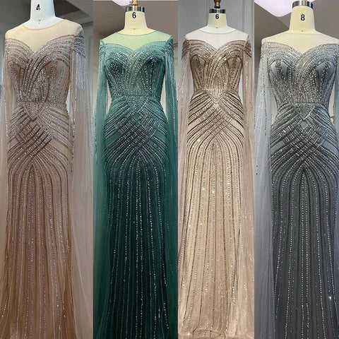 Vestidos de noche de lujo estilo sirena árabe color piel, mangas largas, cuello redondo y cuentas, para mujer, fiesta de bodas, LA72012 