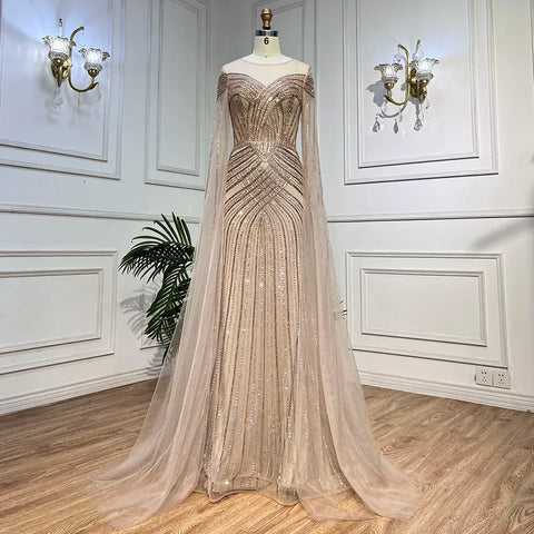 Vestidos de noche de lujo estilo sirena árabe color piel, mangas largas, cuello redondo y cuentas, para mujer, fiesta de bodas, LA72012 