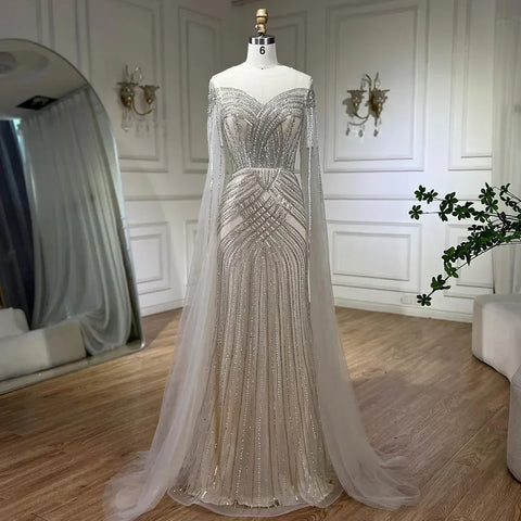 Vestidos de noche de lujo estilo sirena árabe color piel, mangas largas, cuello redondo y cuentas, para mujer, fiesta de bodas, LA72012 