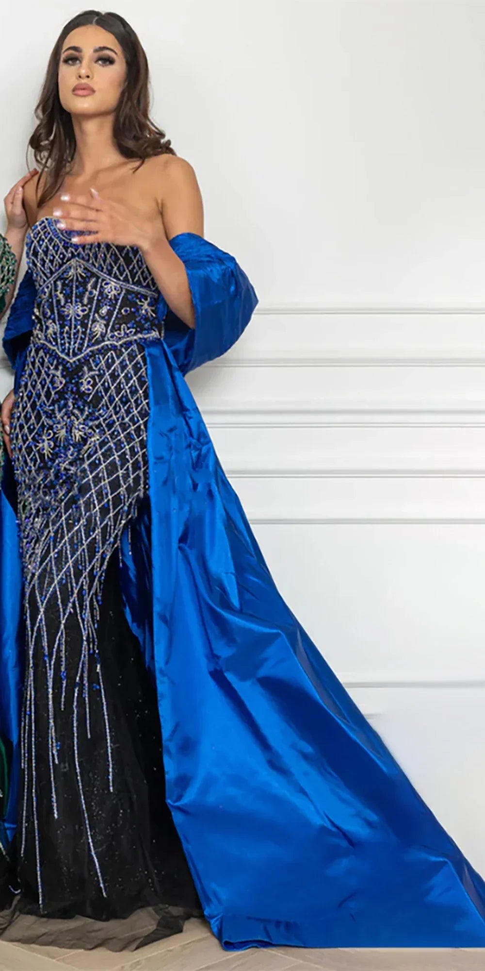Nude Beaded Mermaid Evening Gown Off Shoulder Shawl Crystal Detailing for Formal Occasion  2025 LA72819