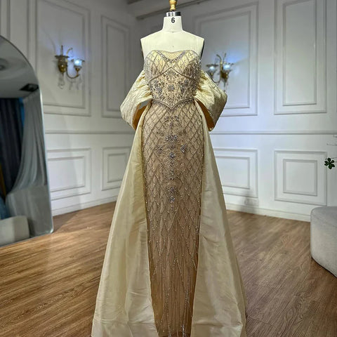 Vestido de noche de sirena con cuentas color piel, hombros descubiertos, chal y detalles de cristal para ocasiones formales 2025 LA72819