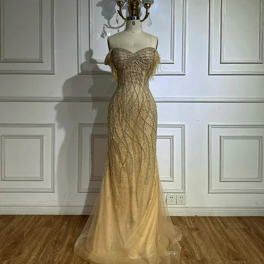 Nude Beaded Mermaid Evening Gown with Feathered Detail for Formal Occasion  2025 LA72818