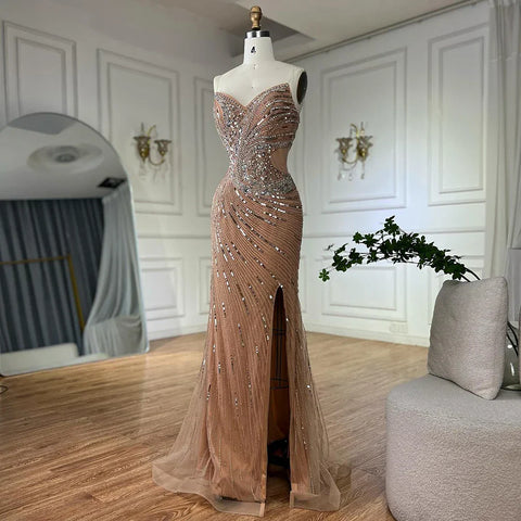 Vestido de noche de sirena con cuentas color piel y abertura alta para ocasiones formales LA72904 2025