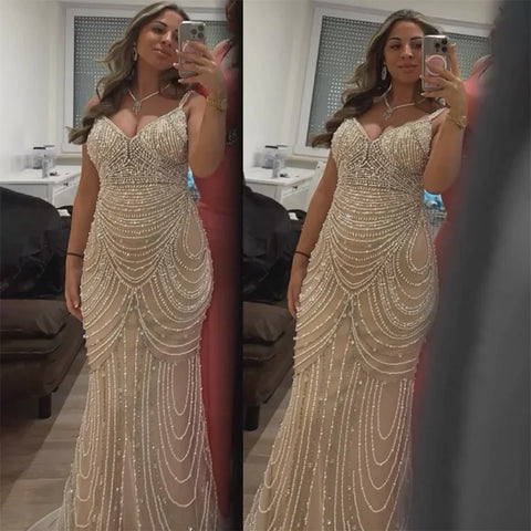 Nude Beaded Saudi Arabic Evening Gown with Spaghetti Straps for Formal Occasion LA72253A 2025