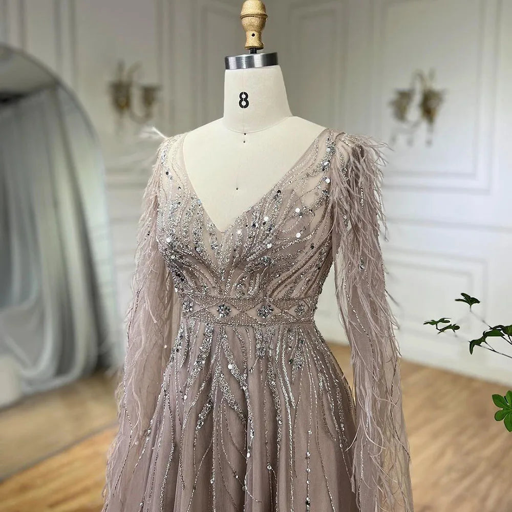 Feathers Nude A-line Evening Dresses with Cape Sleeves LA72304