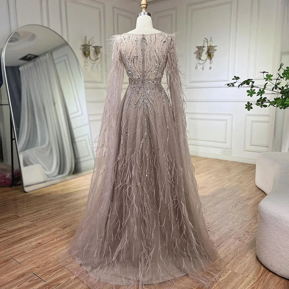 Feathers Nude A-line Evening Dresses with Cape Sleeves LA72304