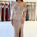 Nude High Split Mermaid Evening Dresses Gowns 2025 Luxury Beaded One Shoulder Elegant For Women Party LA70258