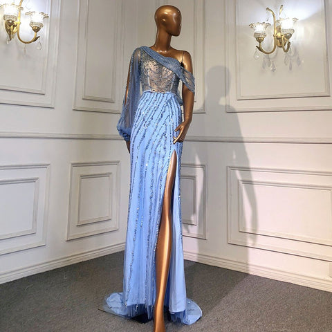 Vestido de noche de sirena con abertura alta, color piel, 2025, de lujo, con cuentas, un hombro, elegante para mujer, fiesta, LA70258 