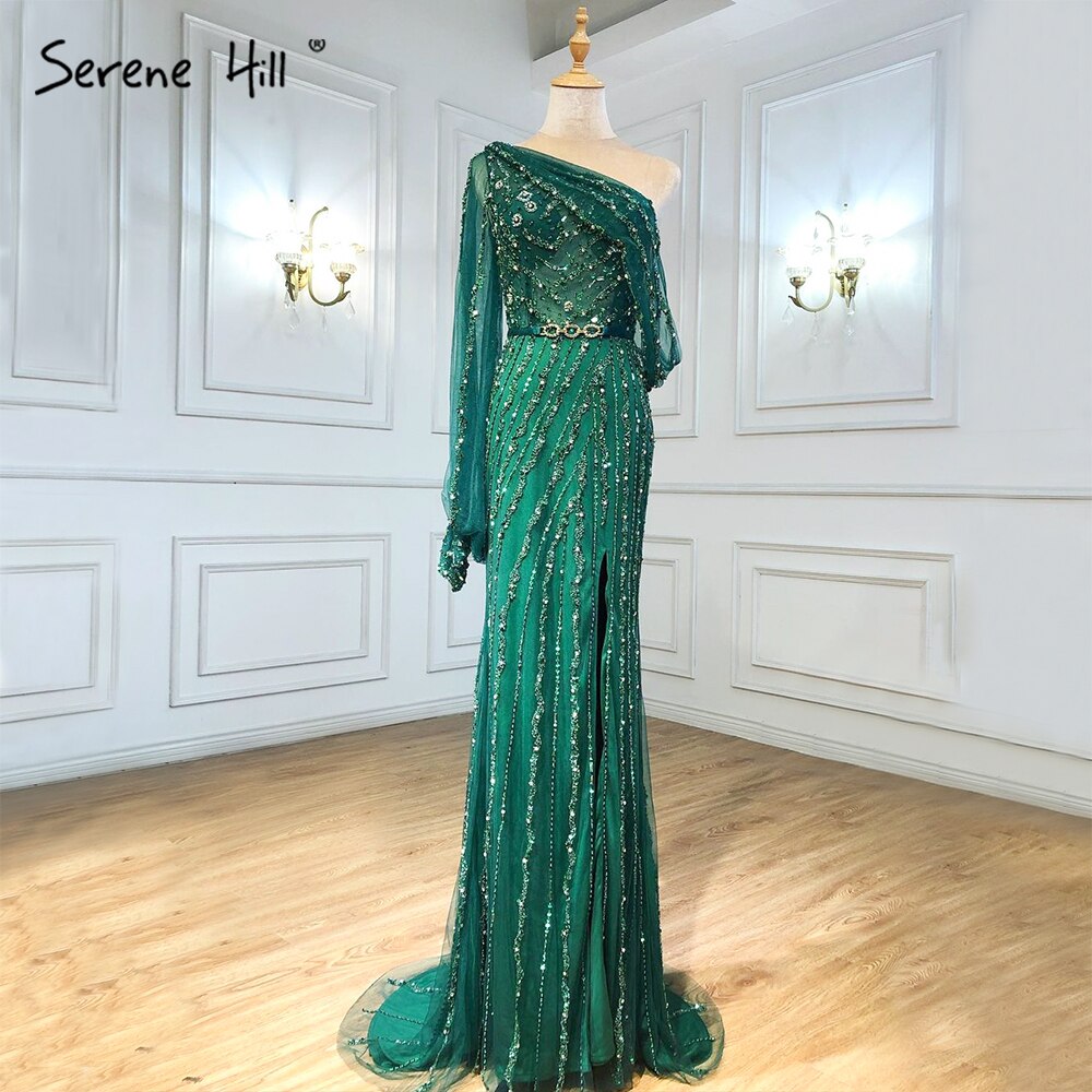 Nude High Split Mermaid Evening Dresses Gowns 2025 Luxury Beaded One Shoulder Elegant For Women Party LA70258