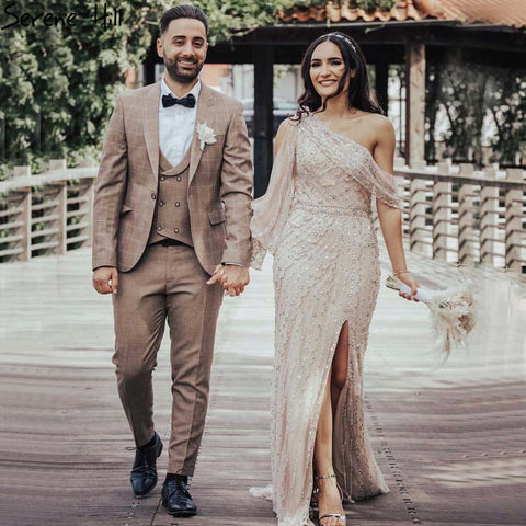 Vestido de noche de sirena con abertura alta, color piel, 2025, de lujo, con cuentas, un hombro, elegante para mujer, fiesta, LA70258 