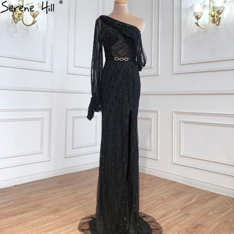 Vestido de noche de sirena con abertura alta, color piel, 2025, de lujo, con cuentas, un hombro, elegante para mujer, fiesta, LA70258 