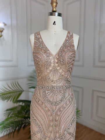 Vestidos de noche de sirena de lujo color piel, 2025, con cuentas y plumas, elegantes para mujer, para fiesta de boda LA71868 