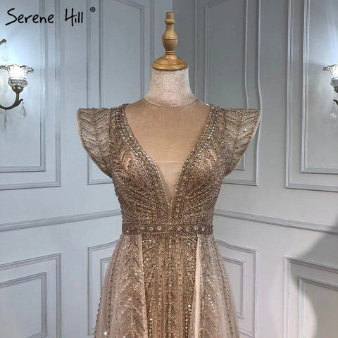 Vestidos de noche de lujo color piel con sobrefalda, vestidos de sirena con cuentas, sexys para mujer, fiesta LA71335 