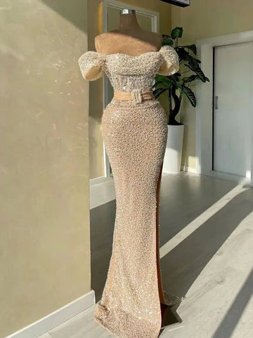 Elegante vestido de noche estilo sirena color nude con escote barco y cuentas de lujo estilo Dubái para mujer, ideal para bodas y fiestas 2025 LA72318C 