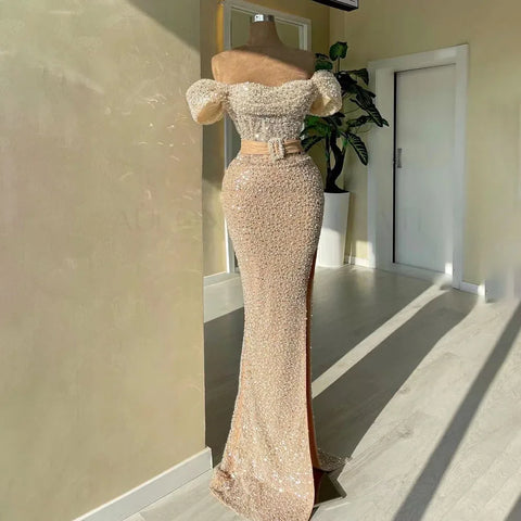 Elegante vestido de noche estilo sirena color nude con escote barco y cuentas de lujo estilo Dubái para mujer, ideal para bodas y fiestas 2025 LA72318C 