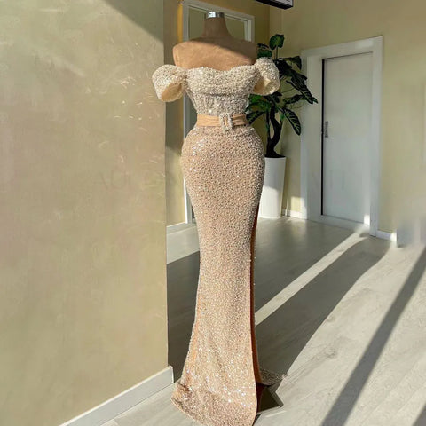 Elegante vestido de noche estilo sirena color nude con escote barco y cuentas de lujo estilo Dubái para mujer, ideal para bodas y fiestas 2025 LA72318C 