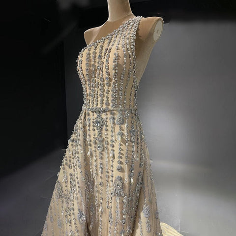 Elegante vestido de noche de sirena color piel, 2025, con cuentas, de lujo, de un solo hombro, para mujer, fiesta, LA71538 