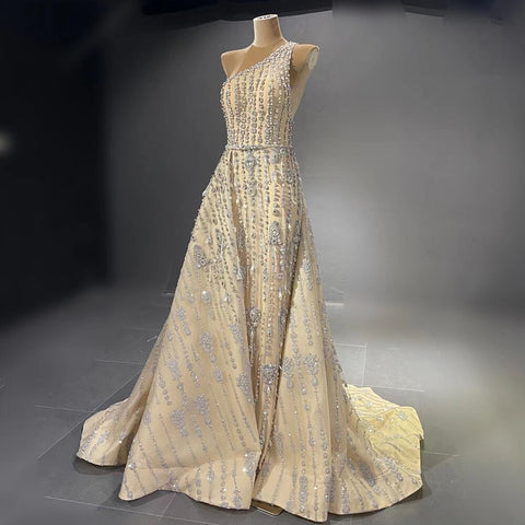 Elegante vestido de noche de sirena color piel, 2025, con cuentas, de lujo, de un solo hombro, para mujer, fiesta, LA71538 