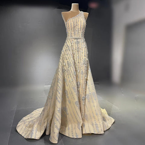Elegante vestido de noche de sirena color piel, 2025, con cuentas, de lujo, de un solo hombro, para mujer, fiesta, LA71538 