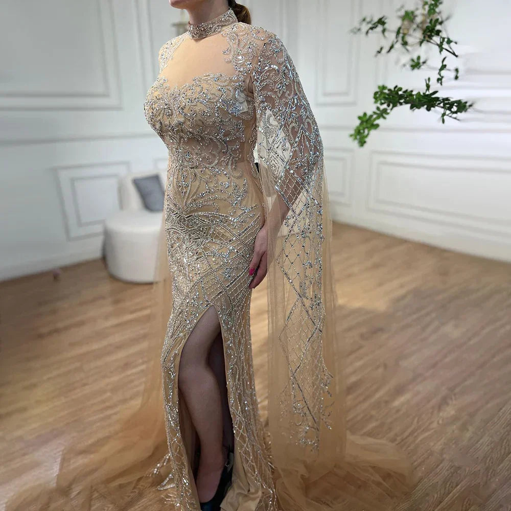 Nude Mermaid Elegant High Collar Cape Sleeves Luxury Beaded Evening Dresses Gowns 2025 For Women Party LA71747