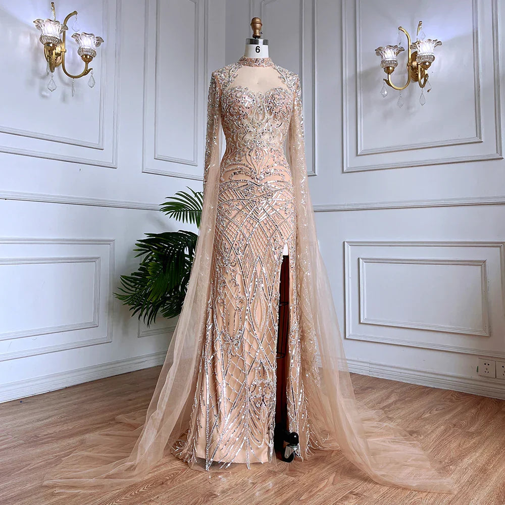 Nude Mermaid Elegant High Collar Cape Sleeves Luxury Beaded Evening Dresses Gowns 2025 For Women Party LA71747