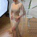 Nude Mermaid Elegant High Collar Cape Sleeves Luxury Beaded Evening Dresses Gowns 2025 For Women Party LA71747