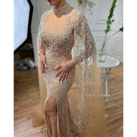 Elegante vestido de noche de sirena color piel, cuello alto, mangas largas, lujoso, con cuentas, para mujer, fiesta, LA71747 