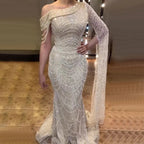 Nude Mermaid One Shoulder Pearls Beaded Luxury Evening Dress Gown LA72139